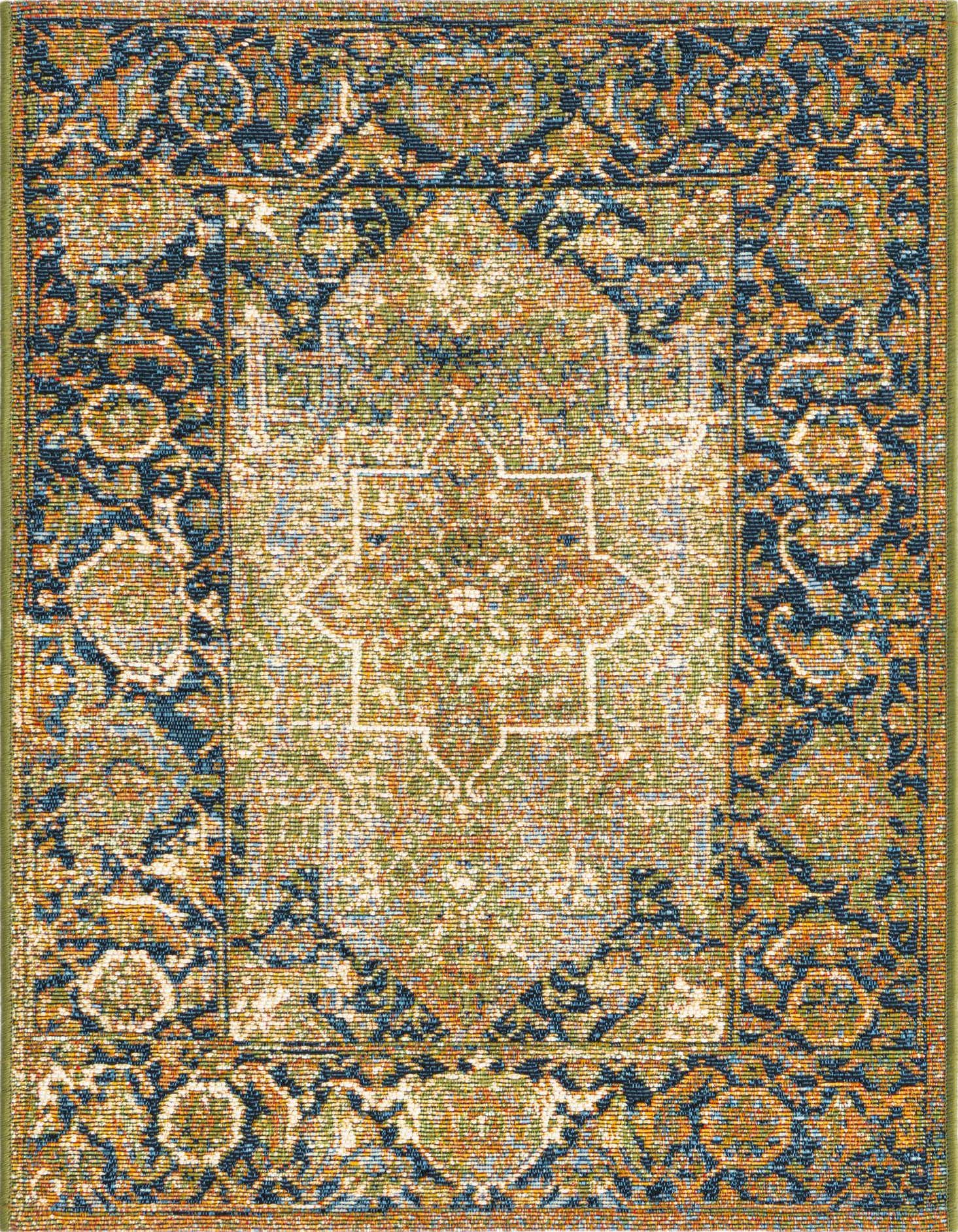 A 2x3 rectangular indoor/outdoor rug featuring a distressed traditional medallion pattern in green, blue, and orange tones.