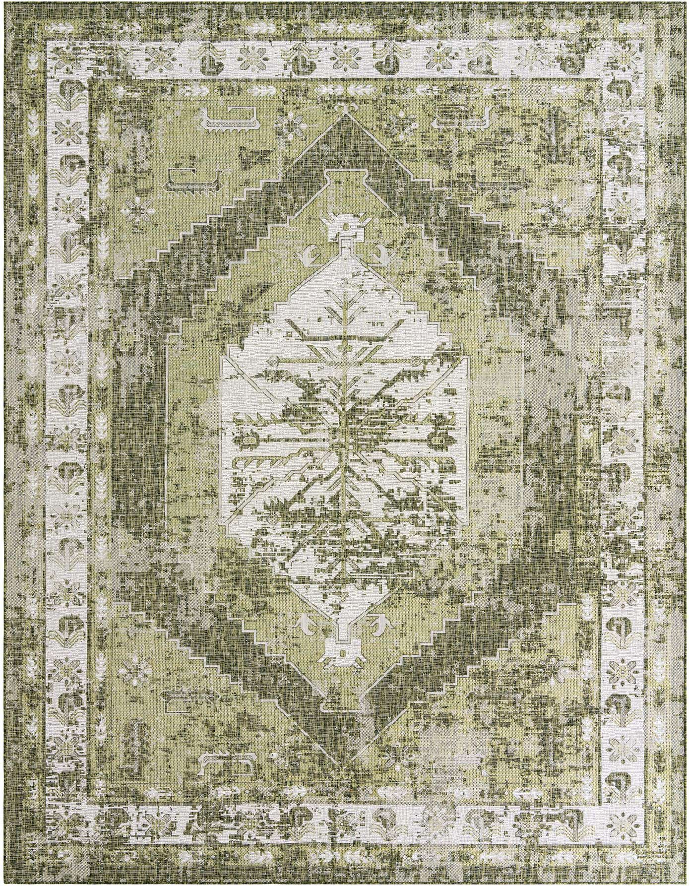 A 10x14 rectangular green and white Southwestern-style rug with a distressed traditional pattern, suitable for indoor or outdoor use.