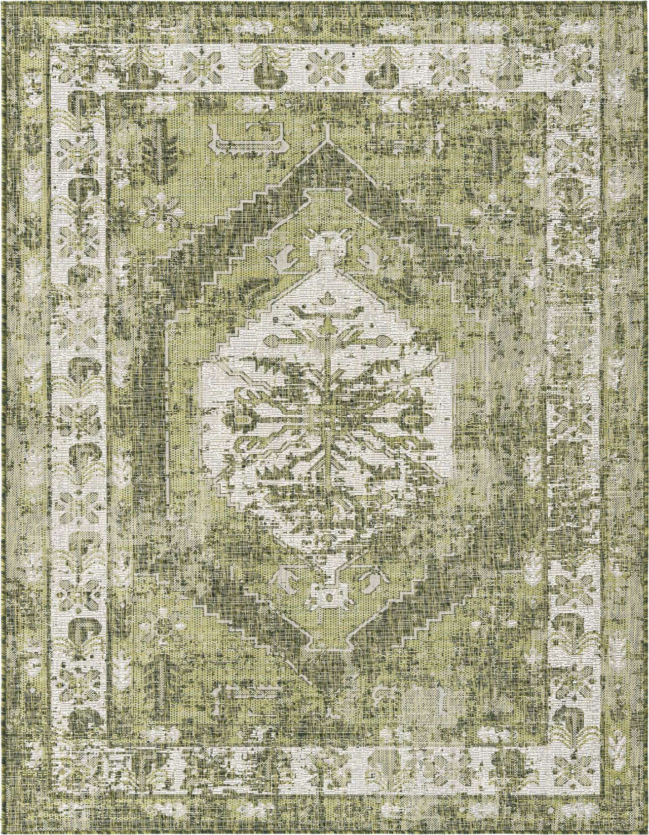 A 5x8 rectangular green and white Southwestern-style flatweave rug with a distressed traditional pattern, suitable for indoor or outdoor use.