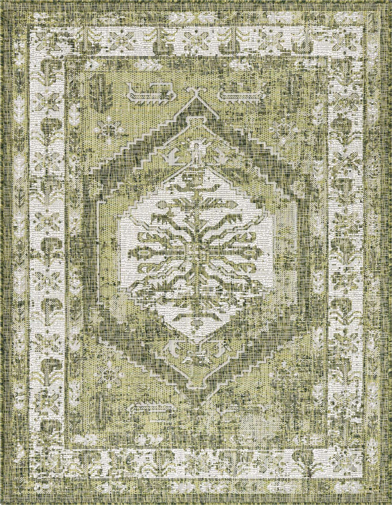 A 4x6 rectangular green and white Southwestern rug with a central medallion and ornate border, suitable for indoor/outdoor use.