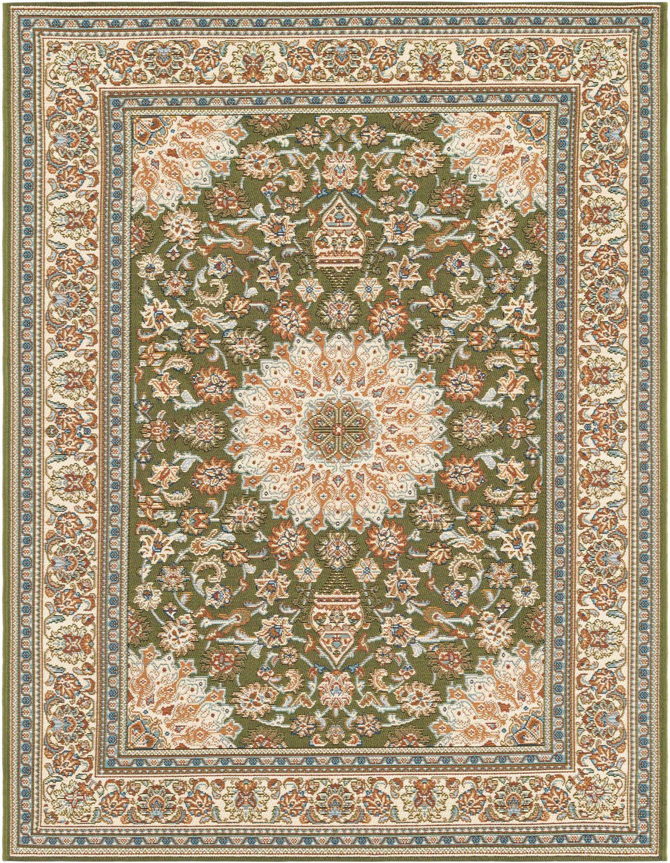 A 4x6 rectangular green indoor/outdoor rug with a traditional oriental medallion pattern and a decorative border.
