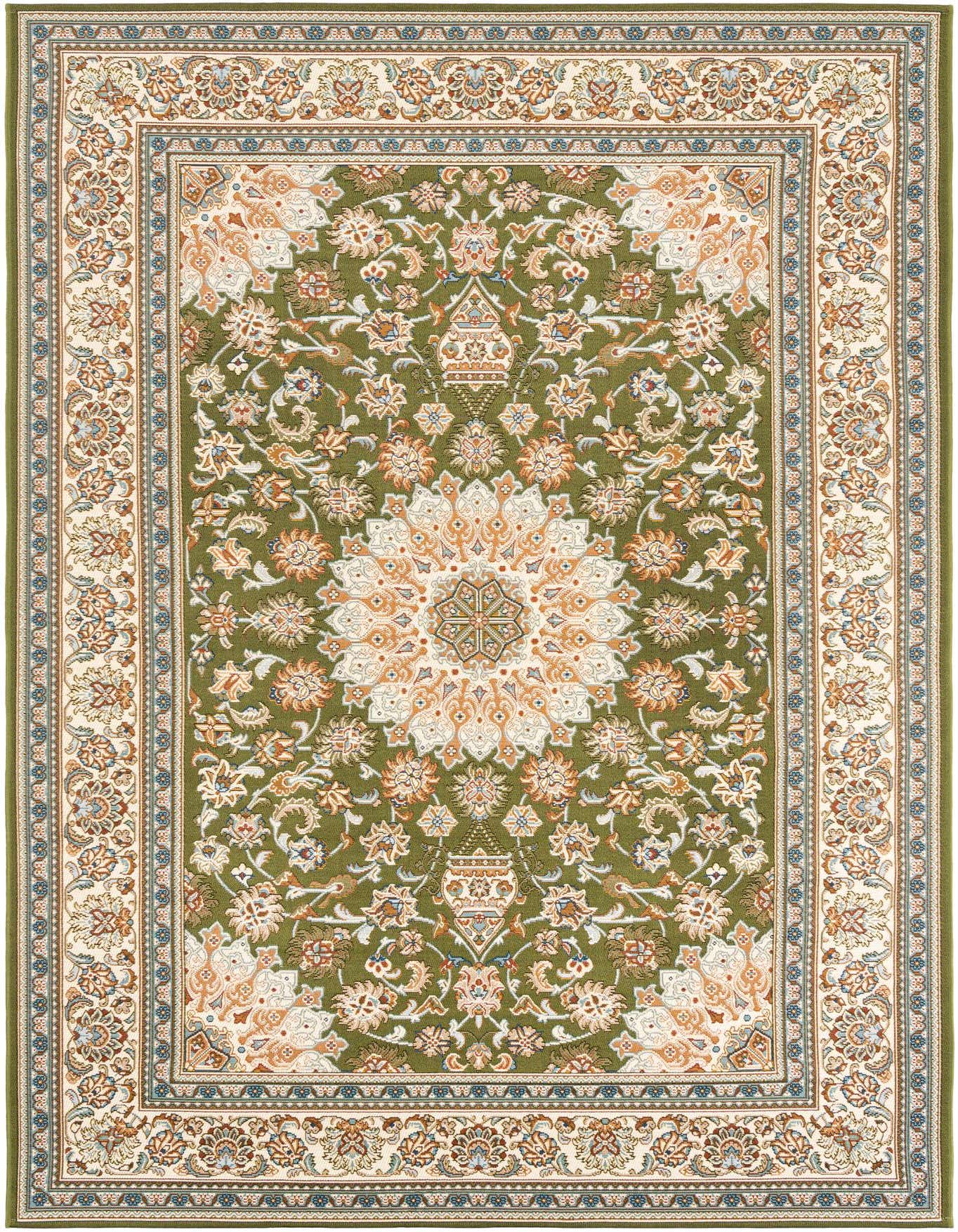 A 6x9 rectangular green indoor/outdoor rug with a traditional oriental pattern, featuring a central medallion and floral motifs in cream, orange, and blue hues.