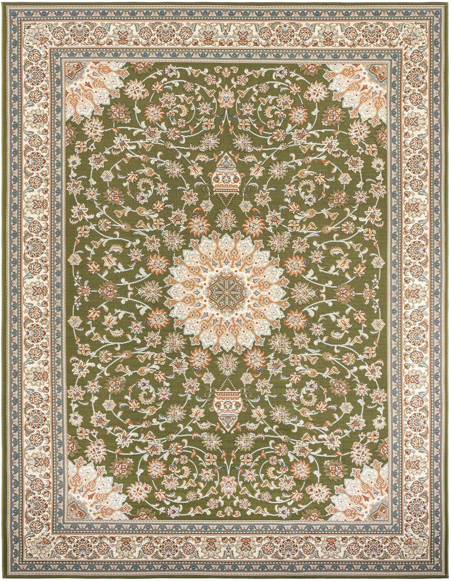 A 9x12 rectangular green Oriental rug with a detailed floral medallion pattern and a cream border, suitable for indoor or outdoor use.