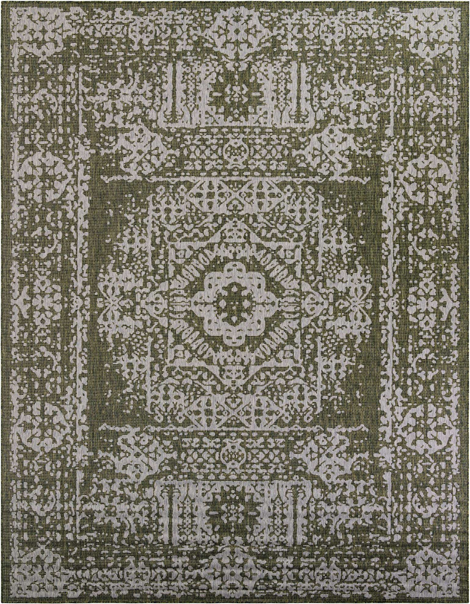 A 10x13 rectangular green and white Southwestern-style flatweave rug with a distressed traditional pattern.