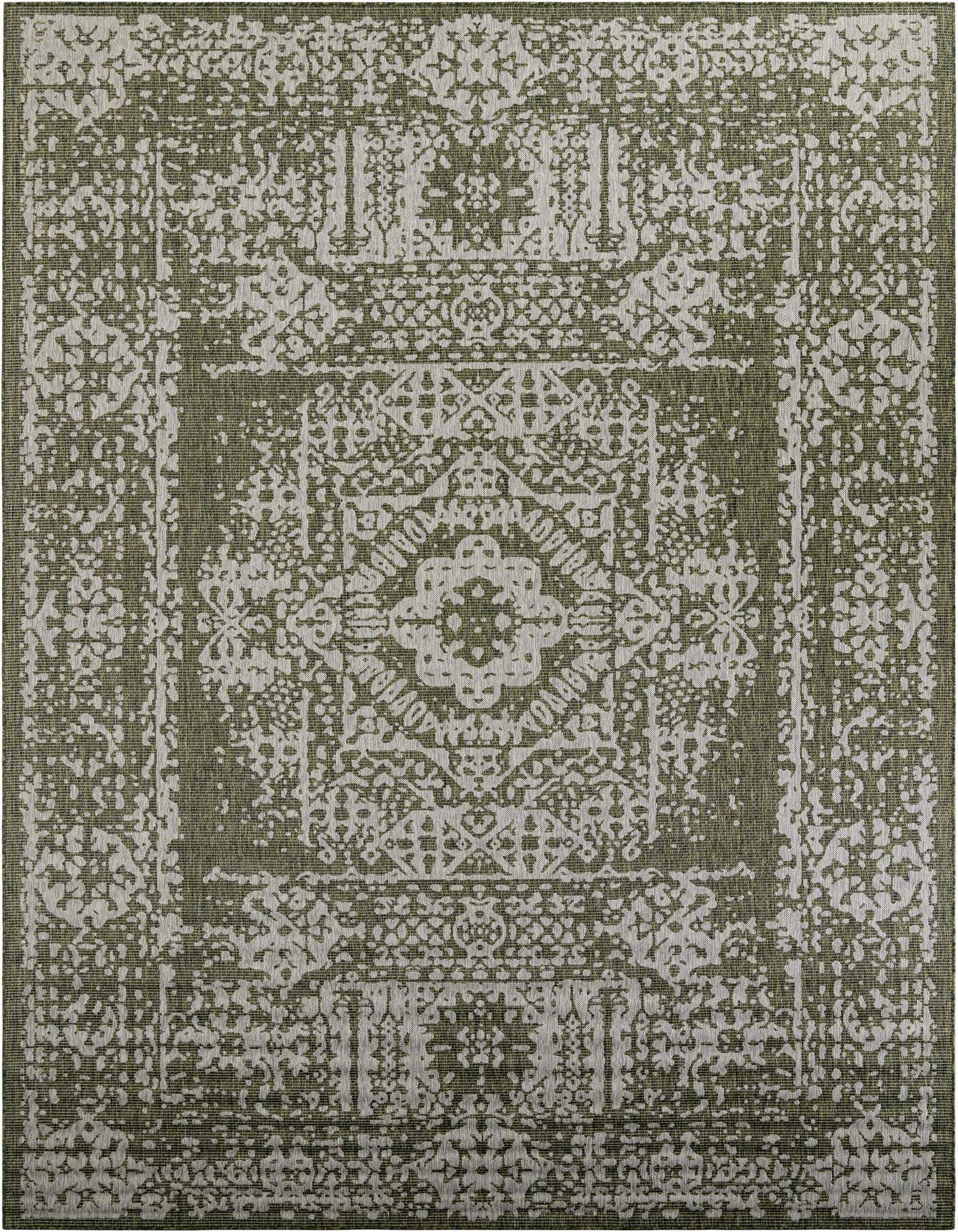 A 10x14 rectangular green and white Southwestern-style outdoor rug with a distressed traditional pattern.