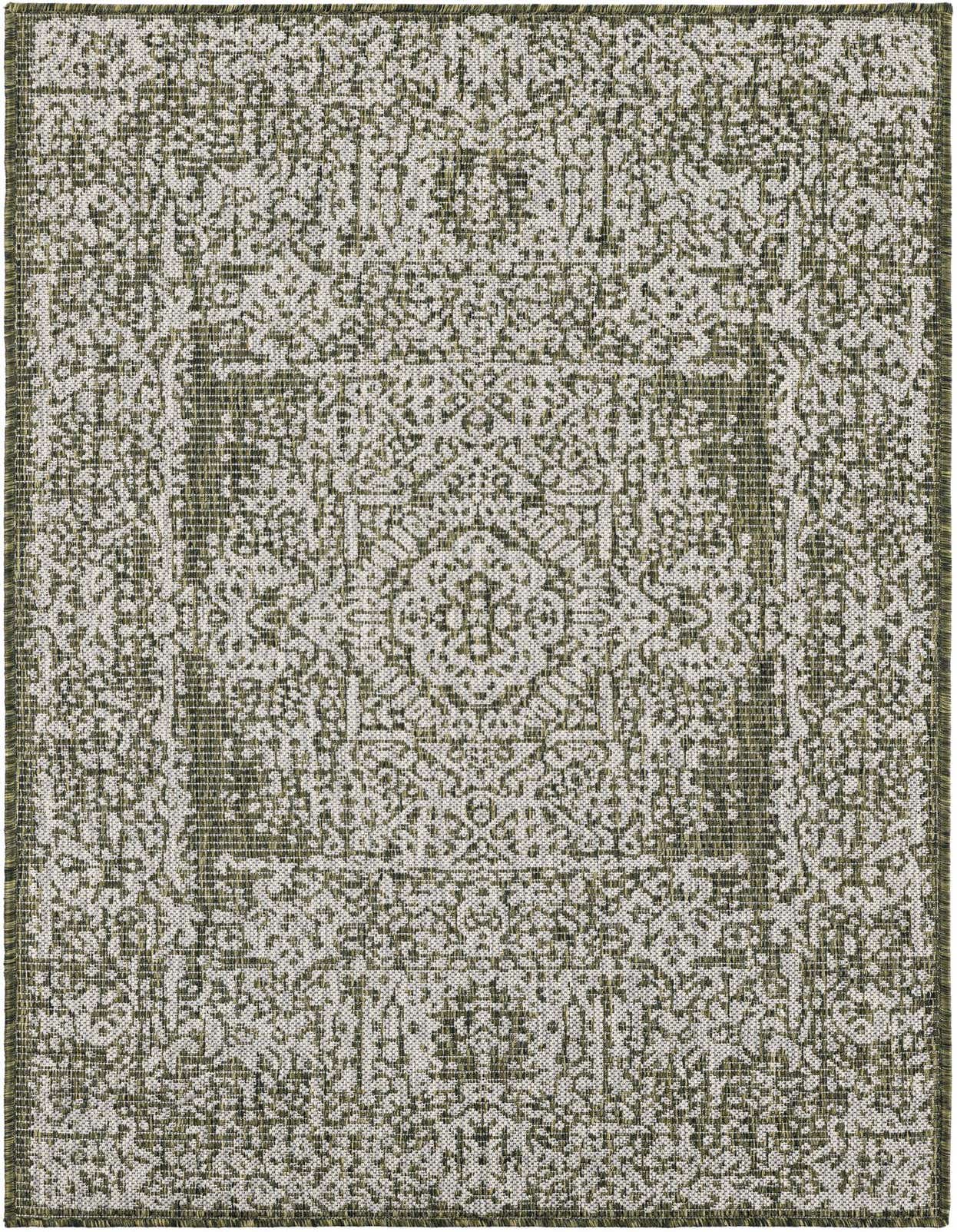 A 3x5 rectangular green and white indoor/outdoor rug with a distressed traditional medallion pattern, ideal for a patio or entryway.