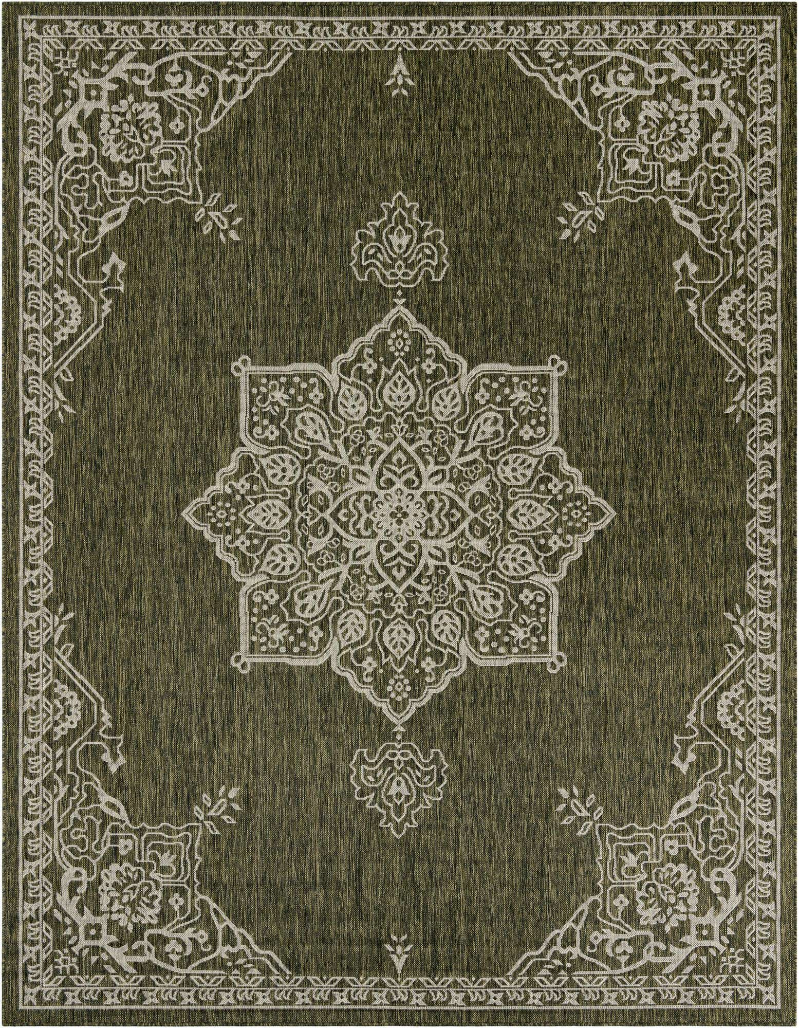 An 8x10 rectangular green indoor/outdoor rug with a white traditional medallion pattern and border.