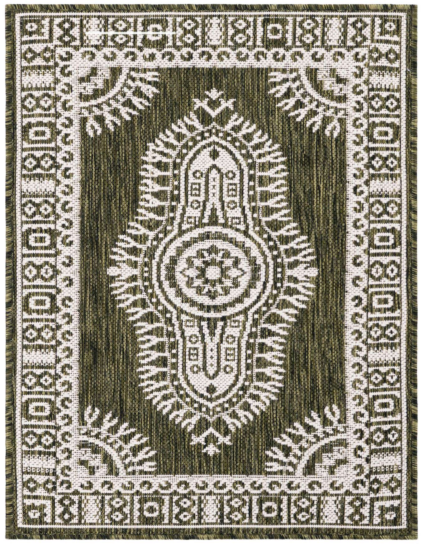 A 2x3 rectangular green and white indoor/outdoor rug with a traditional medallion pattern and border.