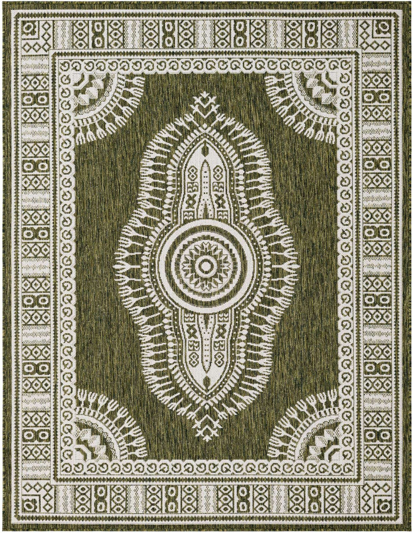 A 5x7 rectangular green and white indoor/outdoor rug with a traditional medallion pattern and decorative border.