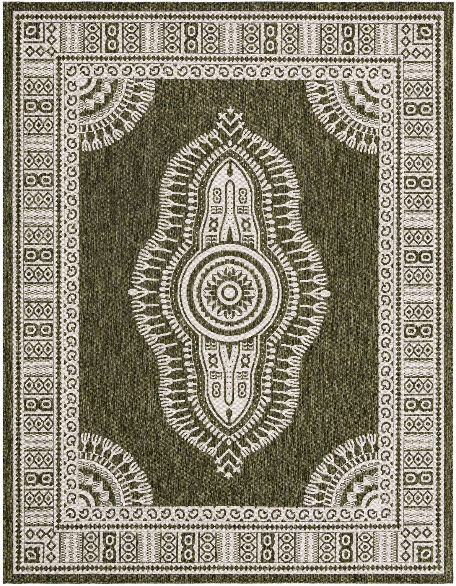 An 8x10 rectangular green indoor/outdoor rug with a white traditional medallion pattern and border.