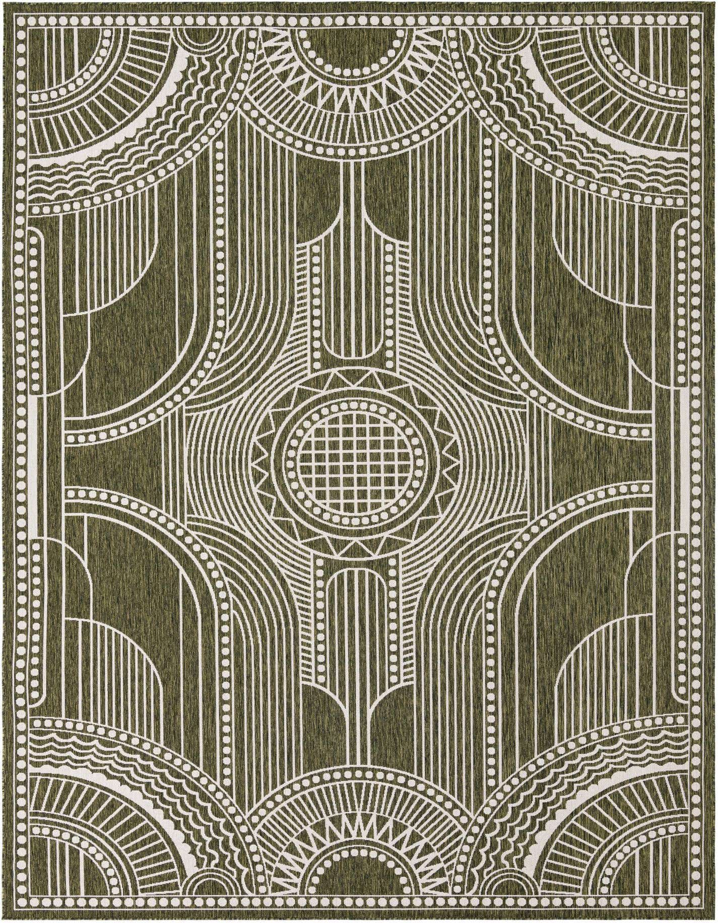 A 10x14 rectangular green and white indoor/outdoor rug with a modern medallion and traditional pattern.