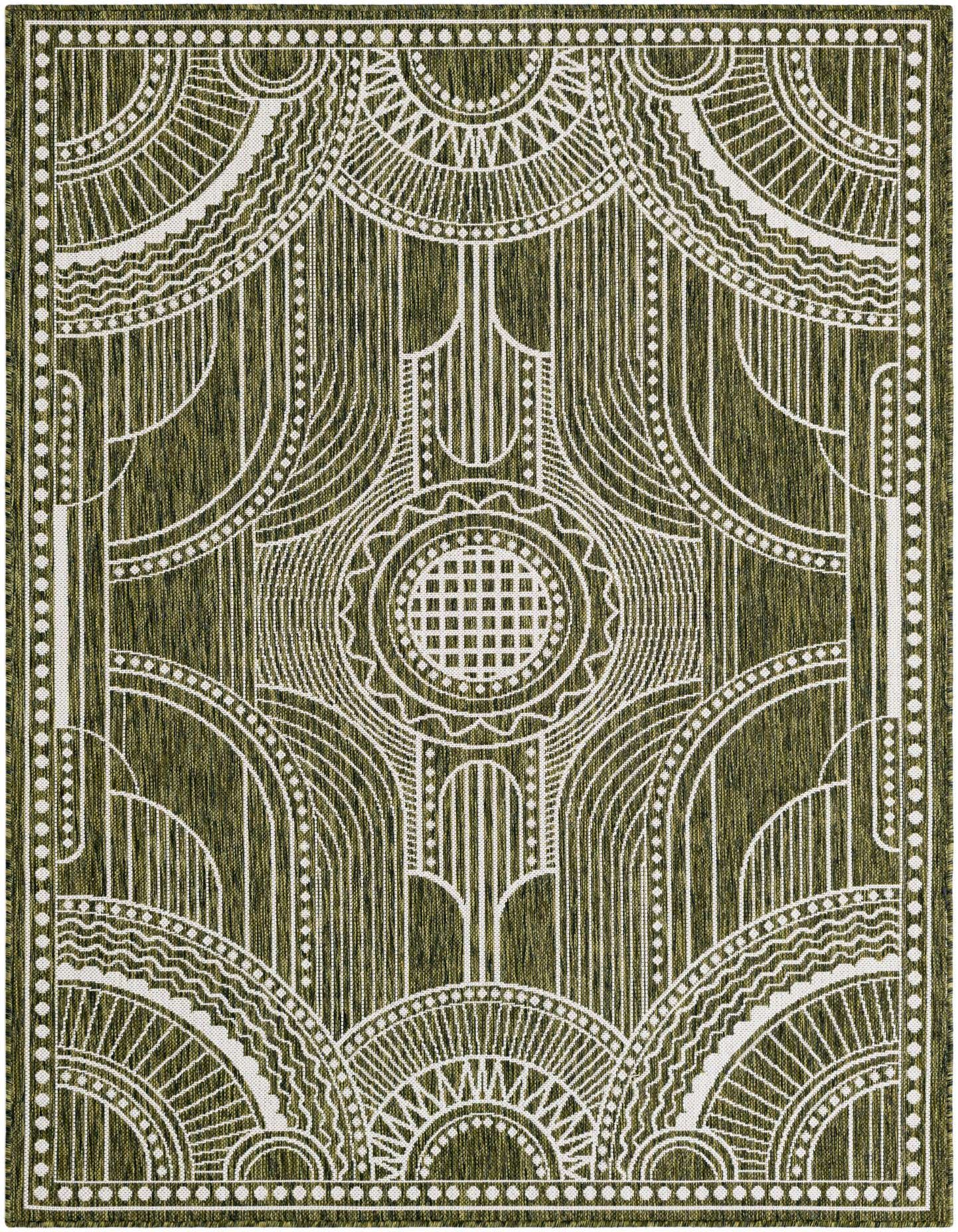 A 5x7 rectangular green and white indoor/outdoor rug with a modern traditional medallion pattern, ideal for a patio.