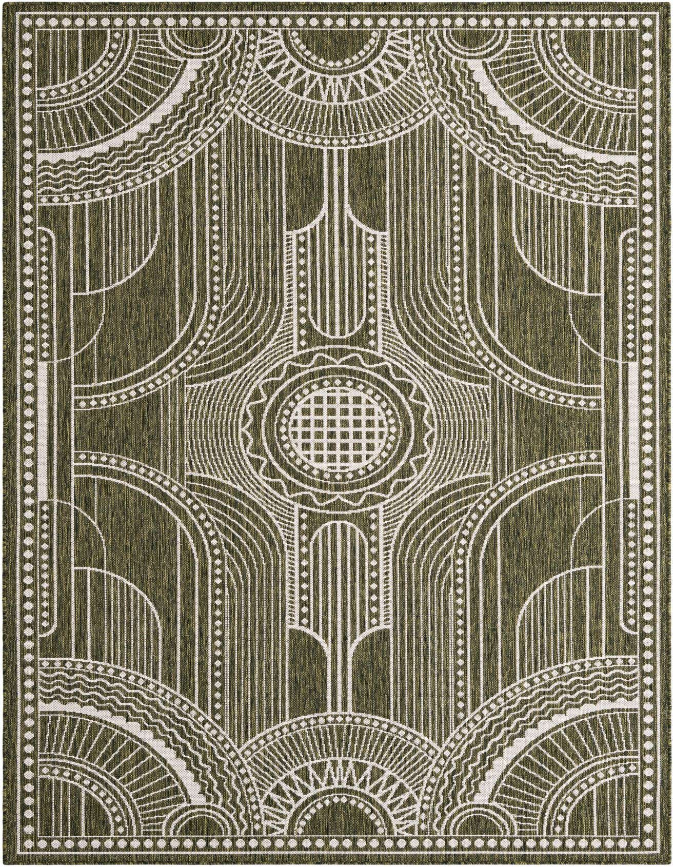 A 5x8 rectangular green and white rug with a modern traditional medallion pattern, suitable for indoor or outdoor use.