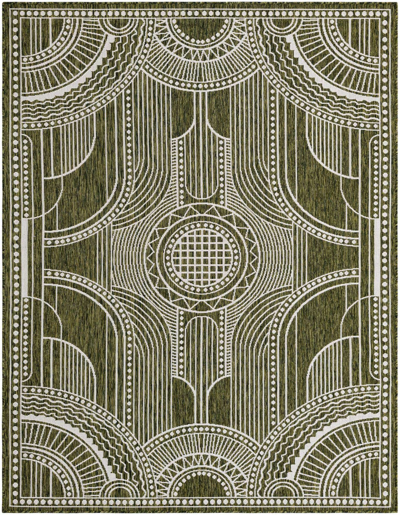 A 6x9 rectangular green indoor/outdoor rug with a white traditional medallion and geometric pattern, ideal for a living room or patio.