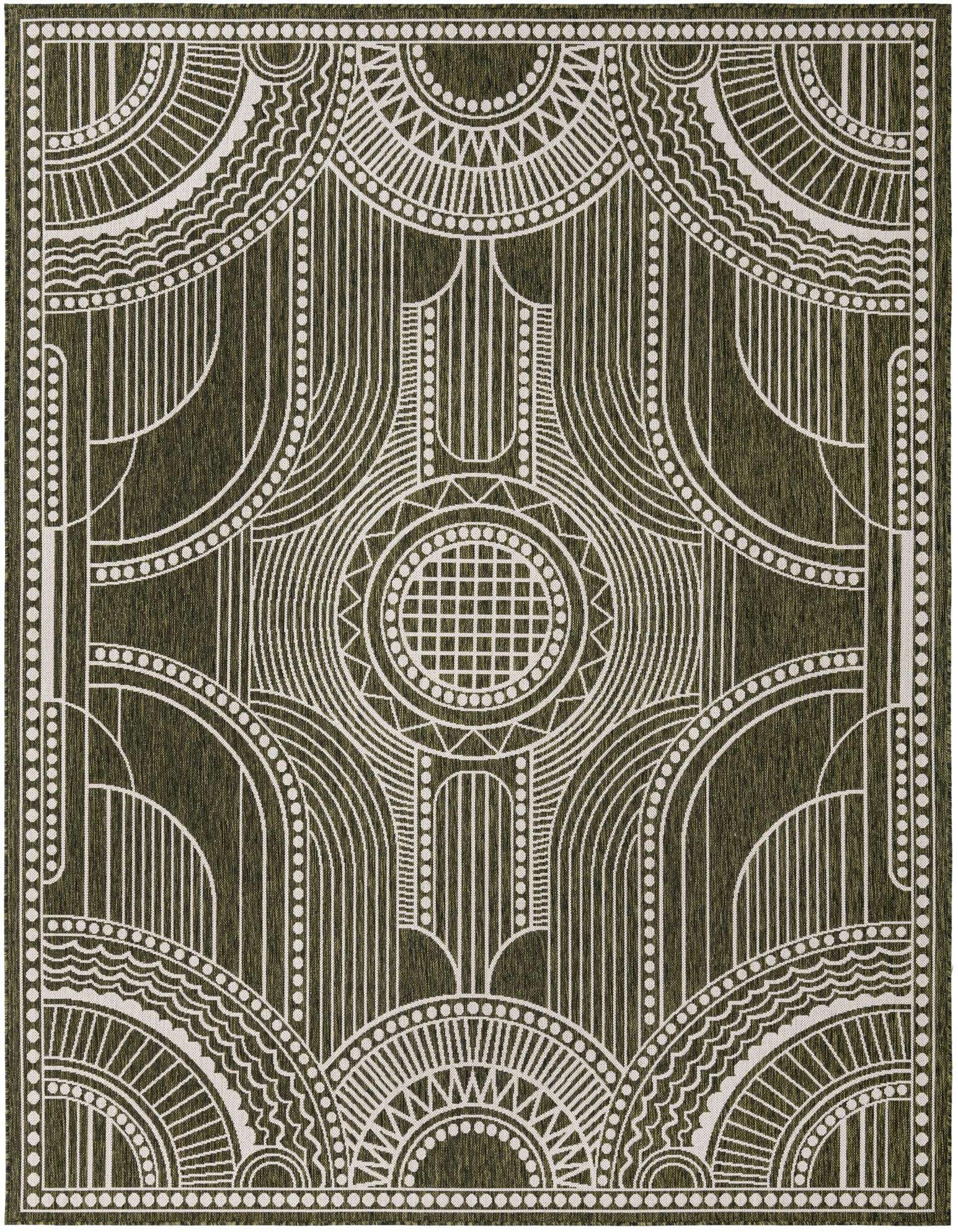 An 8x10 rectangular green indoor/outdoor rug with a white modern medallion and traditional geometric pattern.