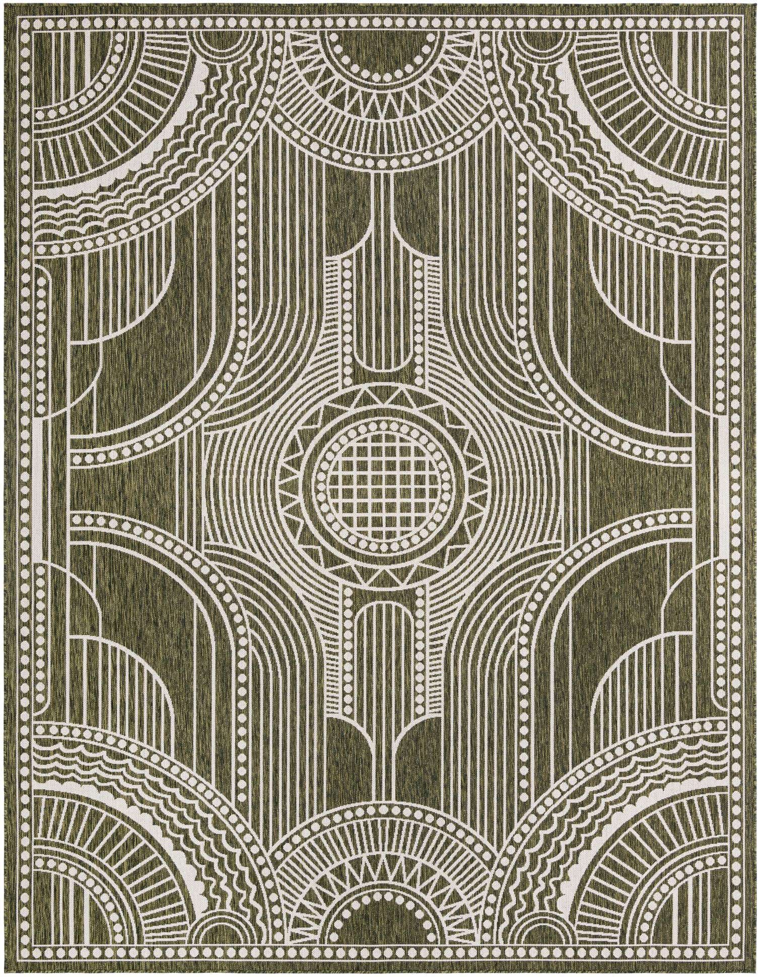 A 9x12 rectangular green and white indoor/outdoor rug with a modern traditional medallion pattern.