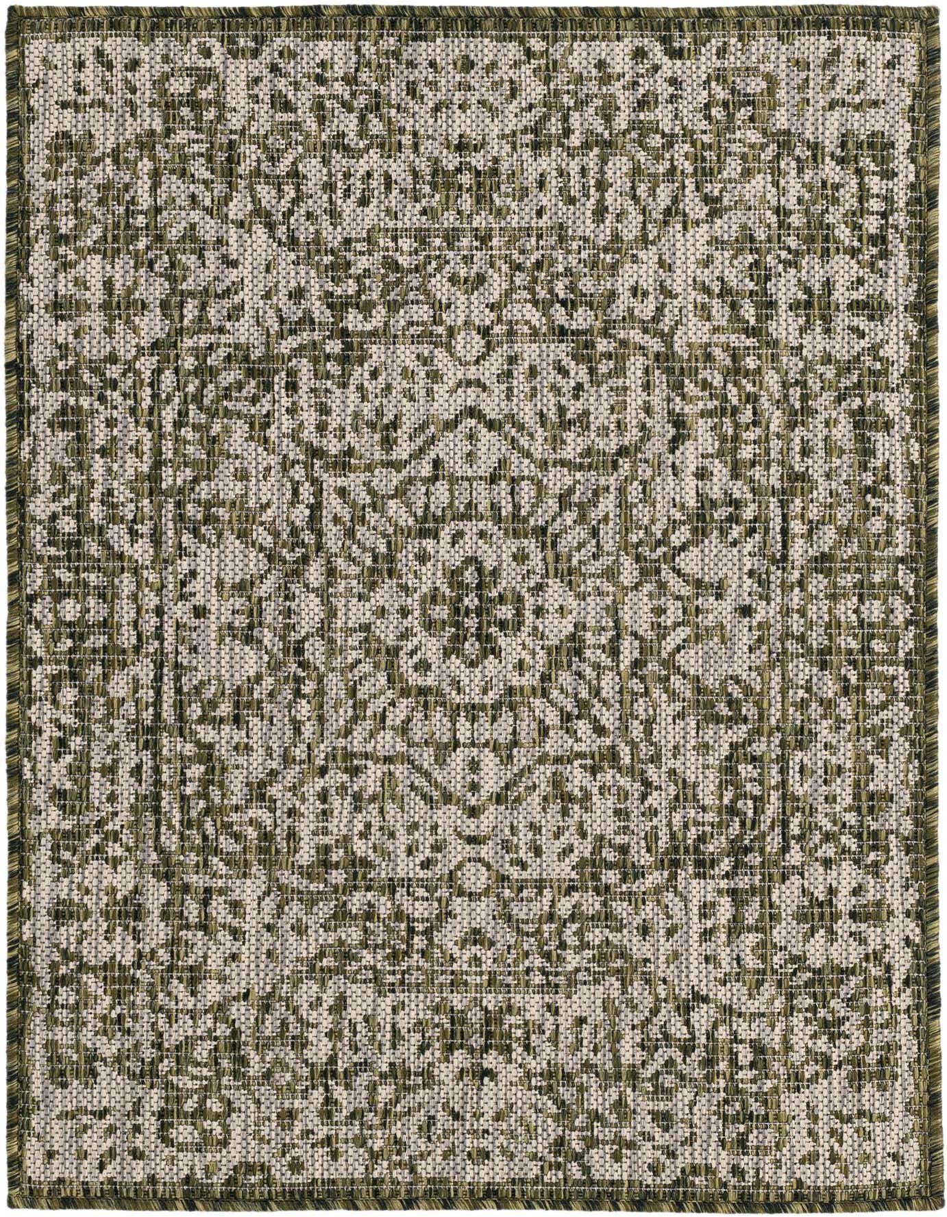 A 2x3 rectangular green and off-white flatweave rug with a distressed traditional pattern, suitable for indoor/outdoor use.