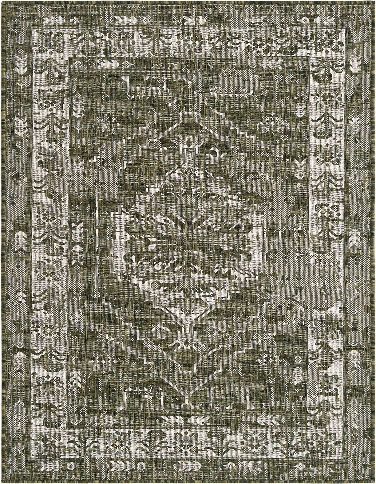 A 3x5 rectangular green and off-white indoor/outdoor rug with a vintage Southwestern pattern, ideal for a patio or entryway.