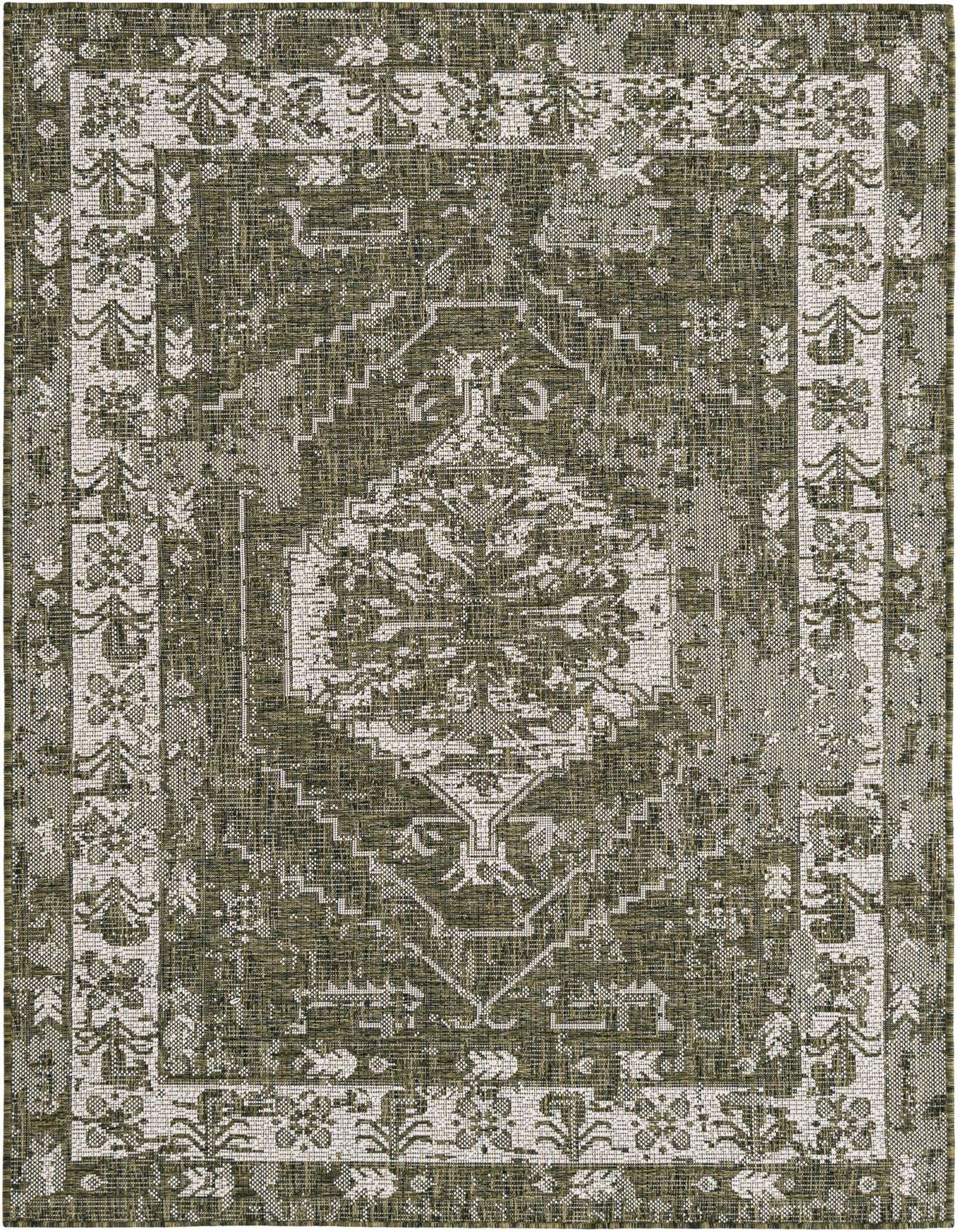 A 4x6 rectangular green and off-white indoor/outdoor rug with a distressed traditional medallion and border pattern.