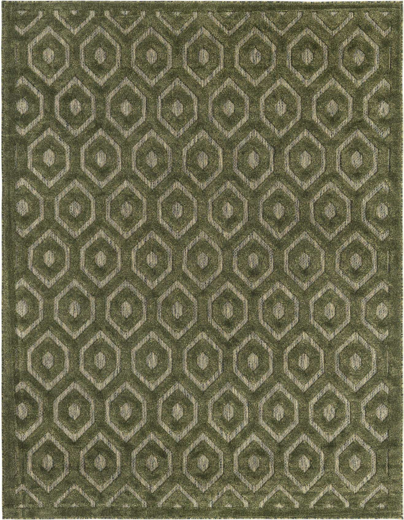 A 6x9 rectangular green indoor/outdoor rug with a textured high/low pile modern geometric trellis pattern.