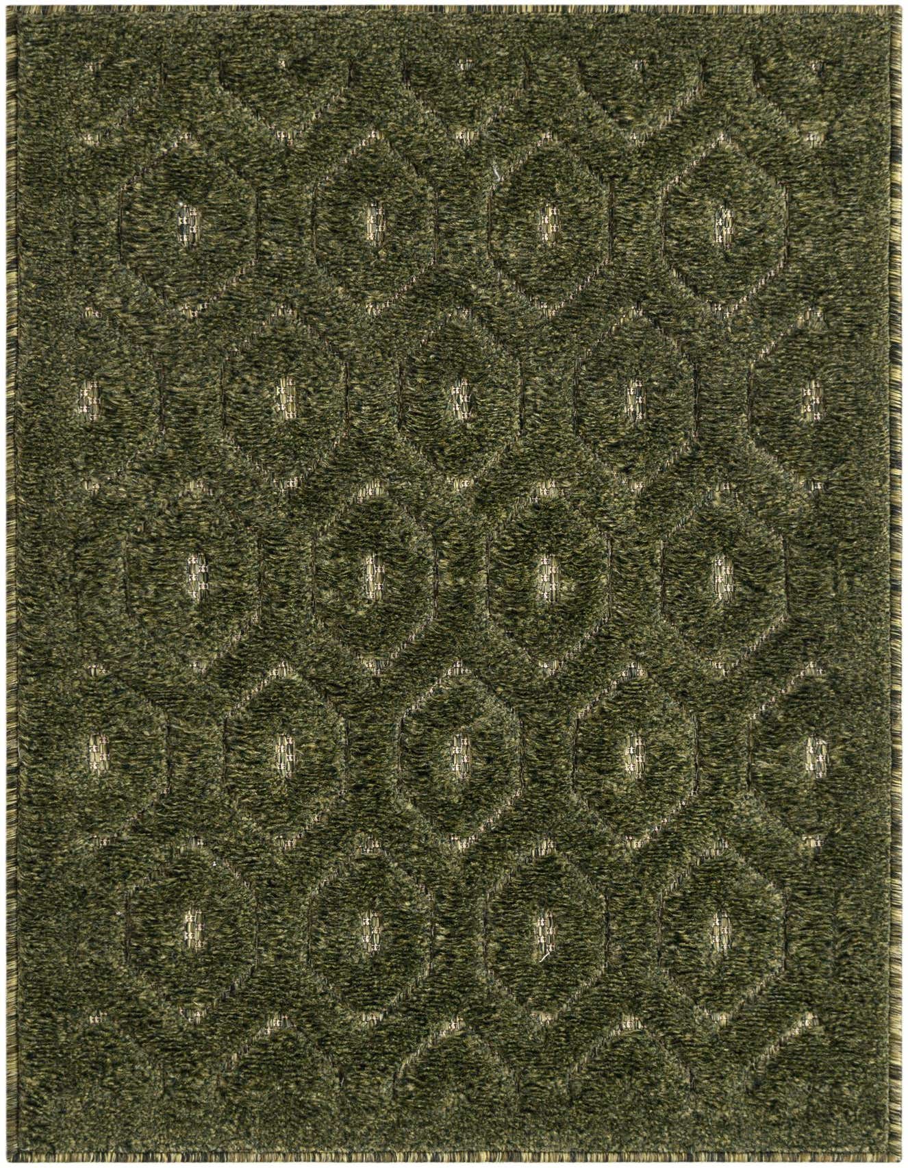 A 2x3 rectangular green indoor/outdoor rug with a textured high-low pile and a modern geometric trellis pattern.