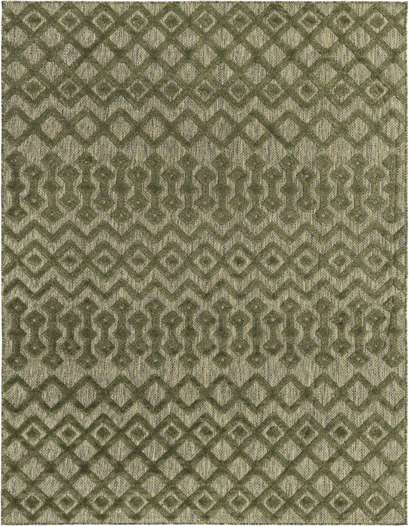 A 6x9 rectangular indoor/outdoor rug featuring a tribal trellis pattern in varying shades of green, with a high-low textured pile.