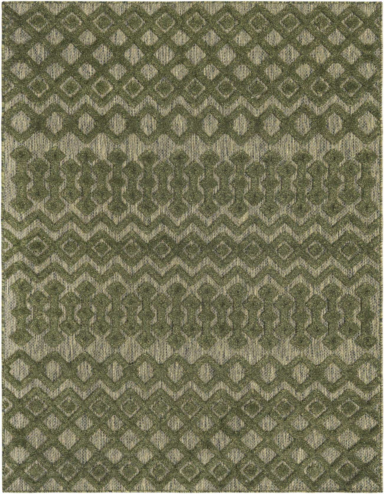 A 5x8 rectangular green indoor/outdoor rug with a high/low textured tribal trellis pattern.