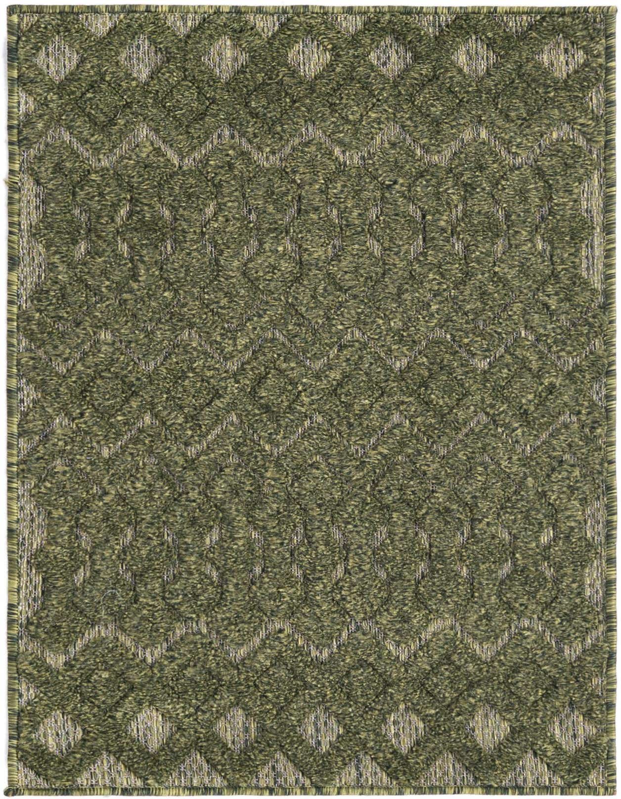 A 2x3 rectangular green indoor/outdoor rug with a textured high/low pile tribal trellis pattern.