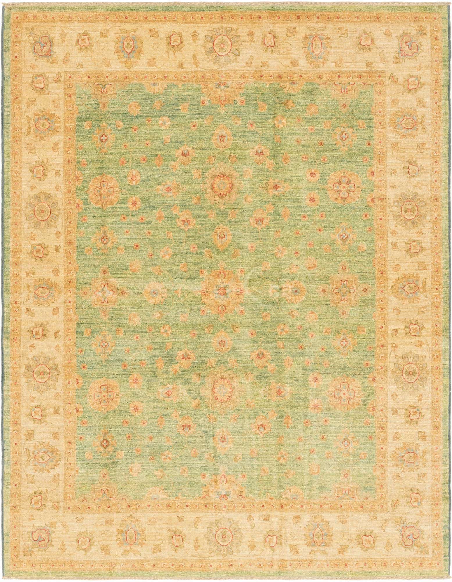 A 6x9 rectangular Peshawar Ziegler rug with a green field and a wide beige border, featuring traditional botanical and floral patterns.