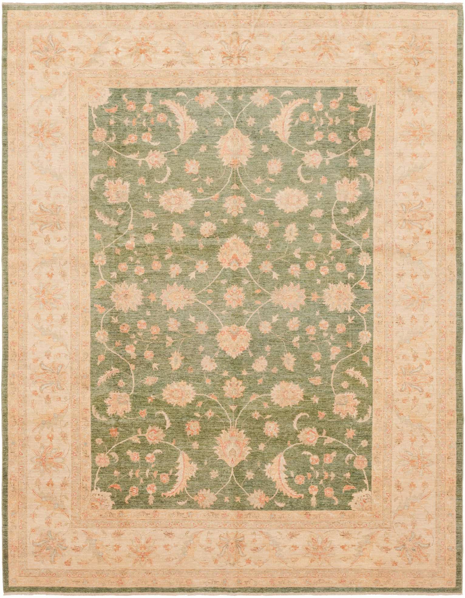 A 10x13 rectangular Peshawar Ziegler rug featuring a sage green field with an intricate botanical floral pattern in light peach and cream, framed by a wide cream border with complementary floral motifs.