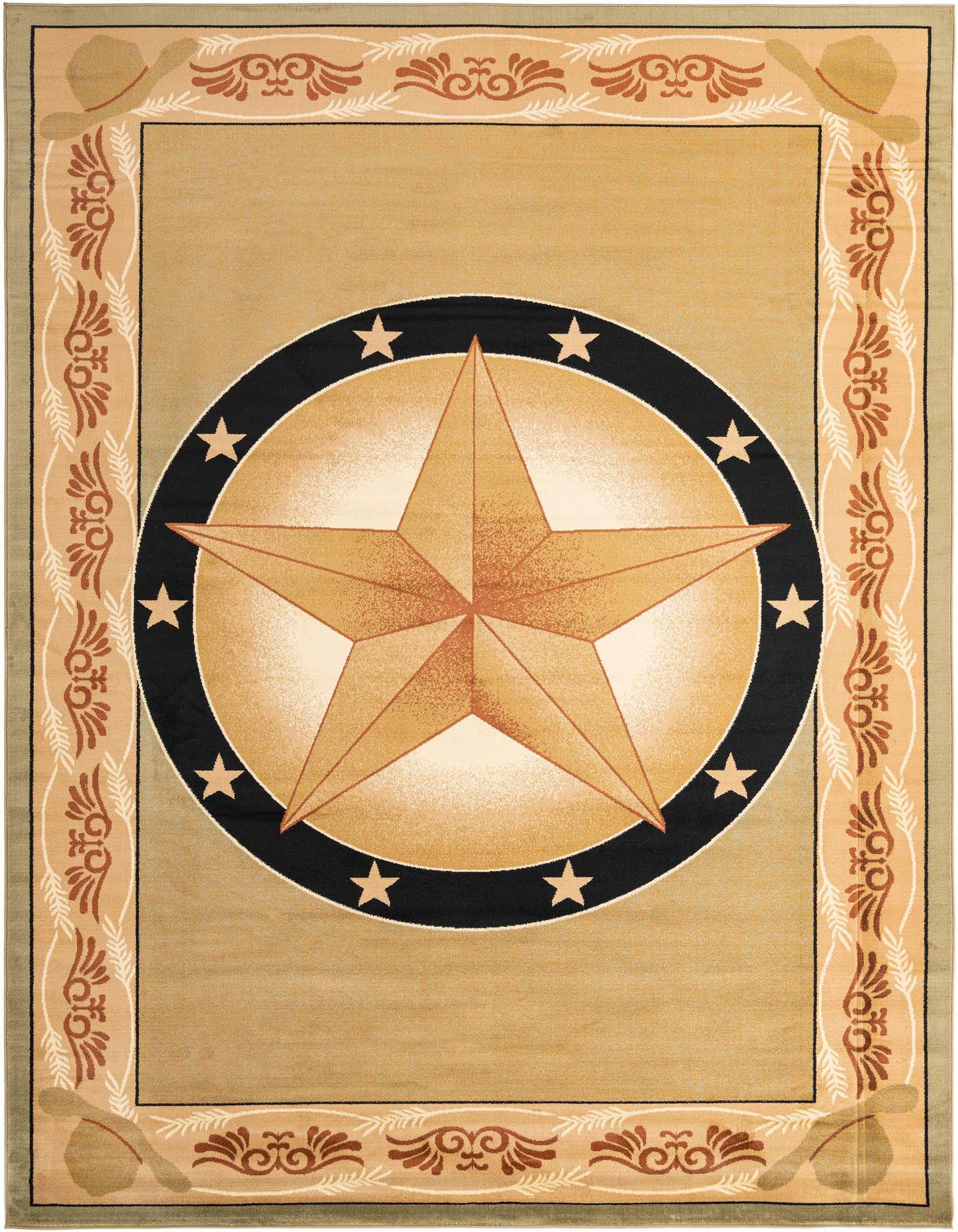 A 10x14 rectangular Pioneer Collection rug featuring a large central gold star on a black and beige medallion, surrounded by a green and brown rustic border with cowboy hats.