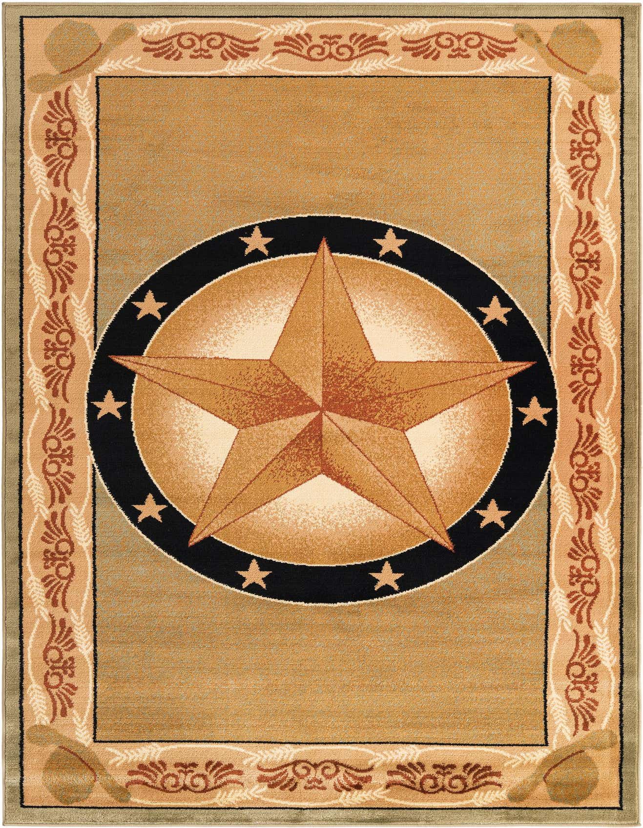 A 5x8 rectangular Pioneer rug featuring a large central star medallion on a green field, framed by a rustic border with cowboy hats.