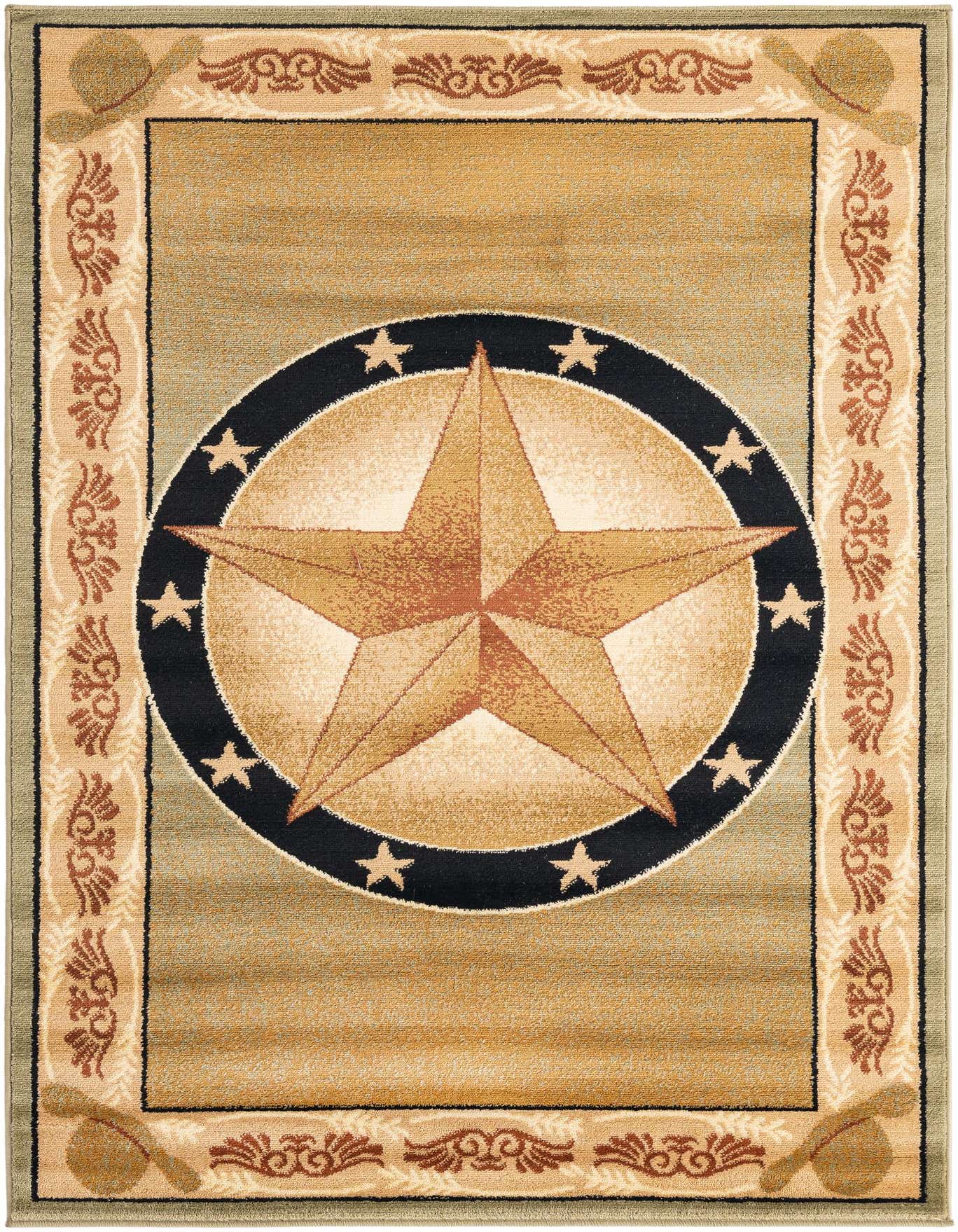 A 4x6 rectangular Pioneer rug featuring a large central gold star medallion on a green and tan background with rustic border details.