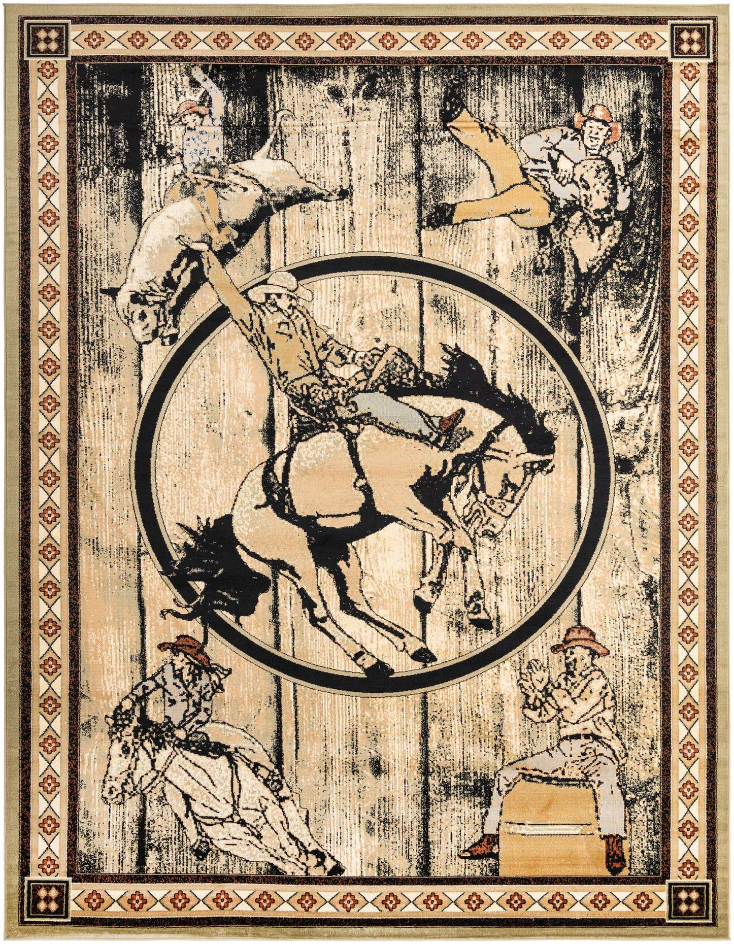 A rectangular rug featuring a rodeo scene with cowboys on bucking horses and bulls, against a distressed wood-look background, framed by a patterned border.