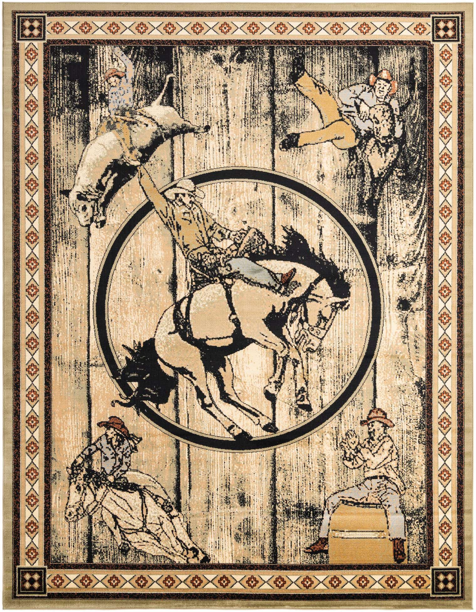 A rectangular 9x12 green rug with a central rodeo scene featuring a cowboy on a bucking horse, surrounded by other rodeo figures and a wooden plank background, bordered by geometric patterns.