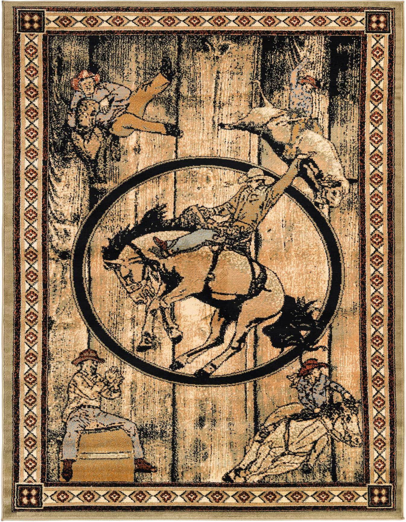 A rectangular 5x8 Pioneer collection rug with a Western rodeo scene on a wood-grain background, featuring cowboys and bucking horses, framed by a patterned border.