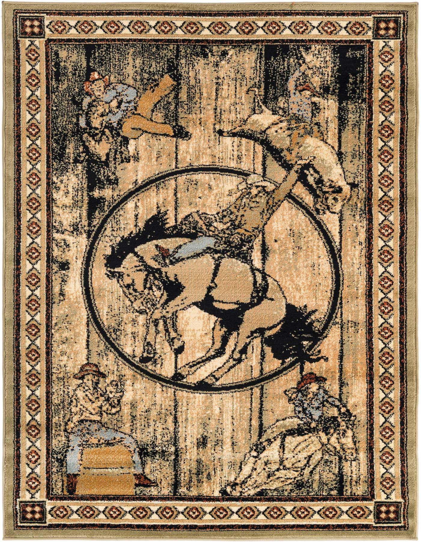 A rectangular 4x6 green rug with a central rodeo cowboy on a bucking horse, surrounded by other cowboy figures and a decorative border.
