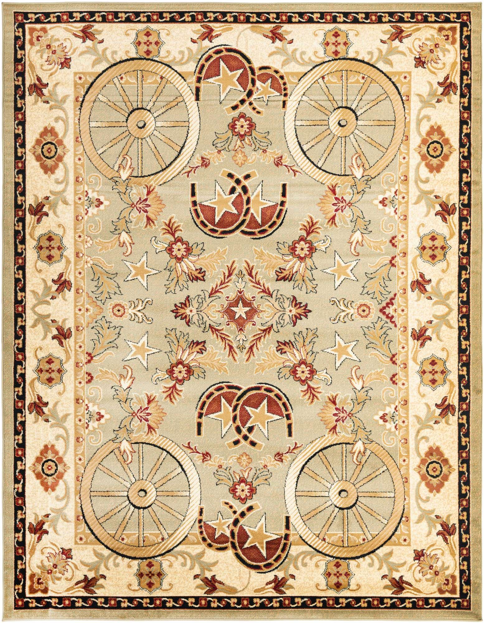 An 8x10 rectangular Pioneer Collection rug featuring a rustic medallion design with wagon wheels, horseshoes, and stars on a light green background with a cream border.
