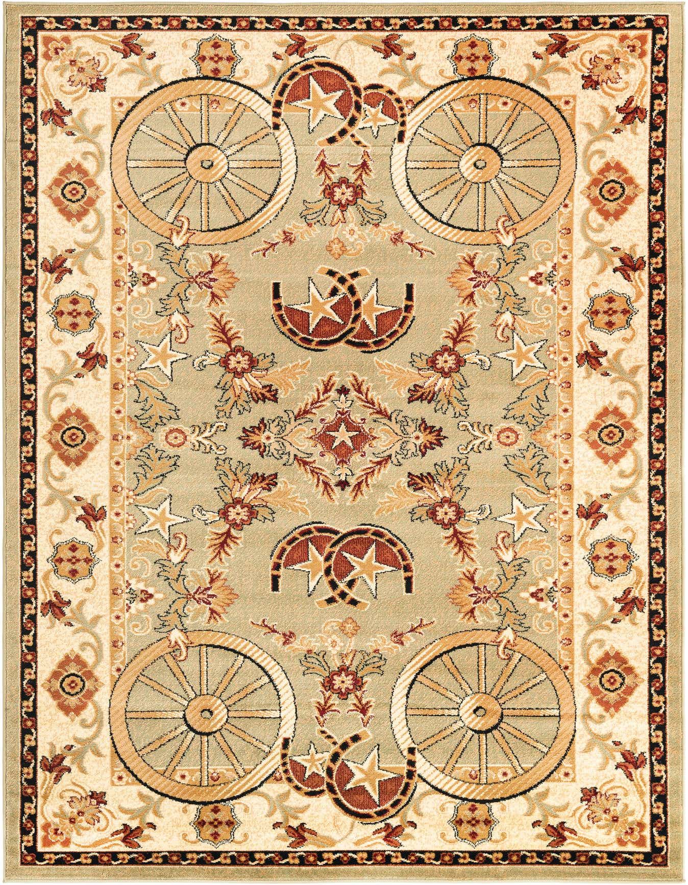 A 6x9 rectangular Pioneer rug featuring a rustic medallion pattern with wagon wheels, horseshoes, and stars on a green and cream background.
