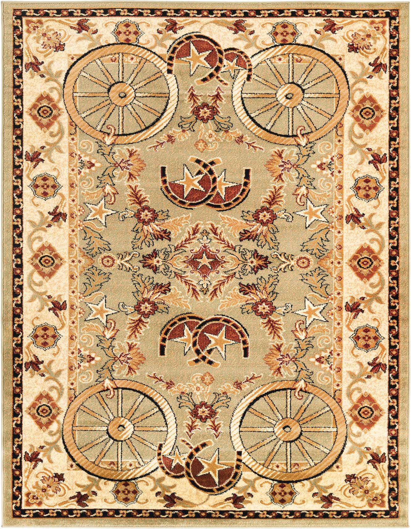 A 5x8 rectangular Pioneer rug featuring a rustic medallion pattern with wagon wheels, horseshoes, and stars in shades of green, cream, and brown.