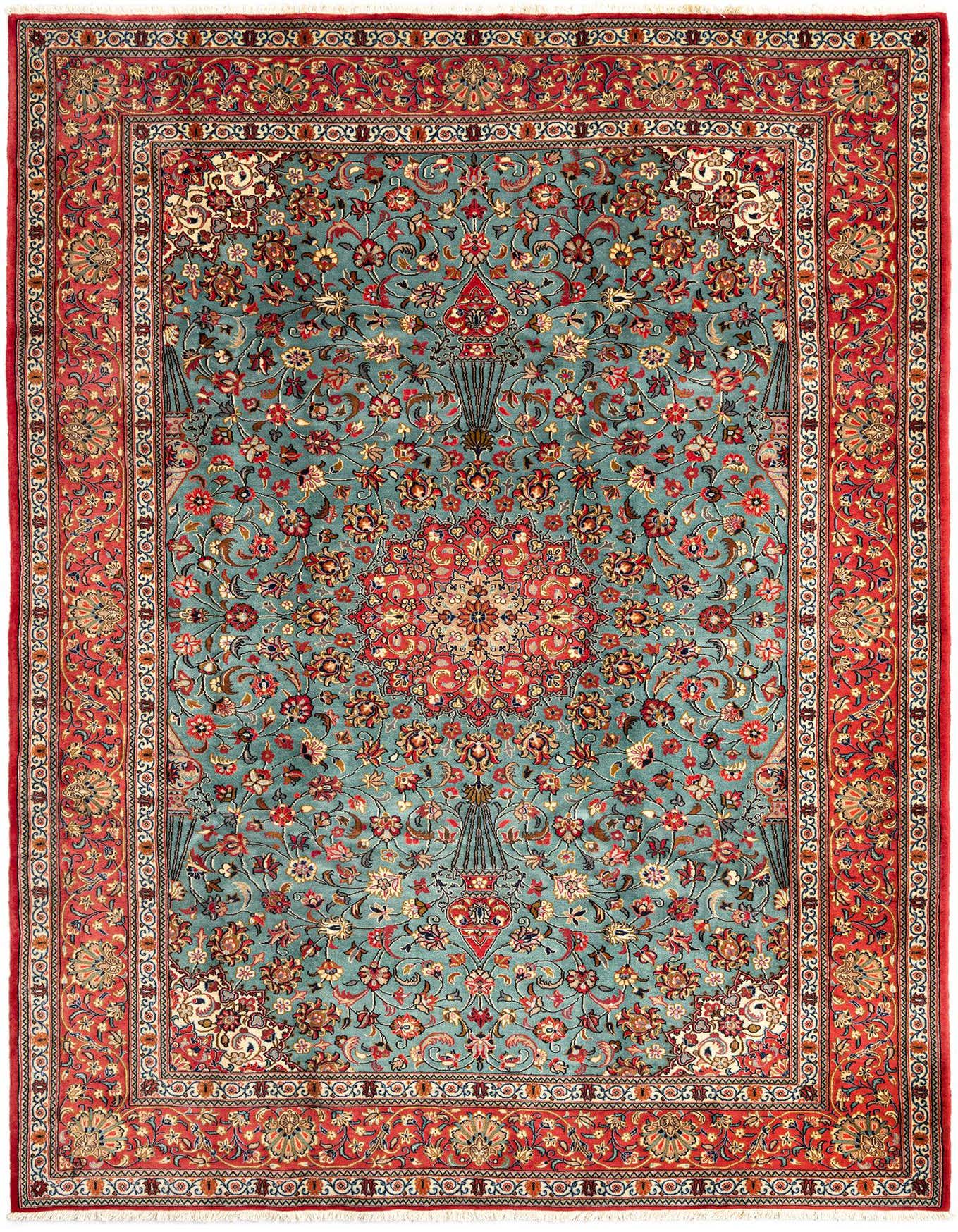 A rectangular 7x10 handmade Persian rug with a teal green field and intricate red, gold, and cream floral patterns, featuring a central medallion and a wide red border.