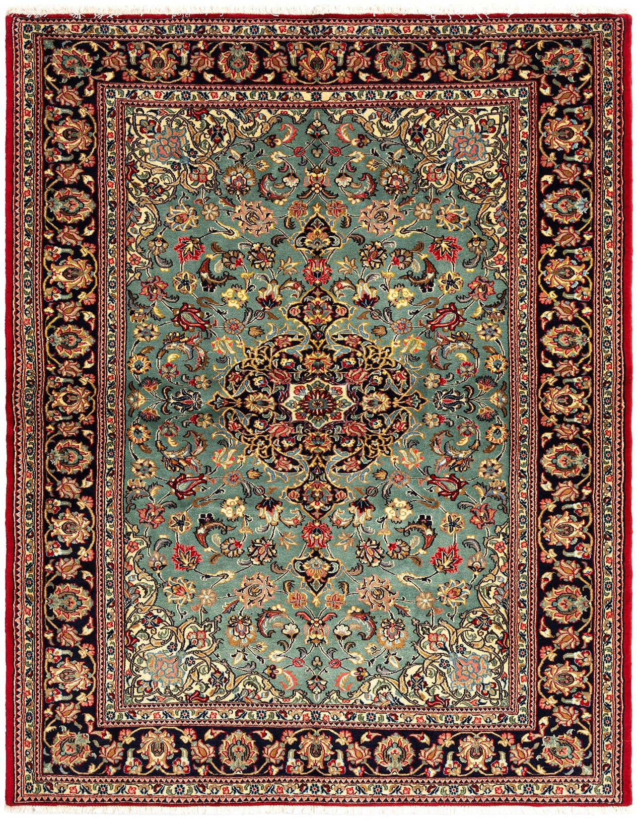 A rectangular 5x8 green Persian rug with an intricate floral medallion pattern and dark red border.