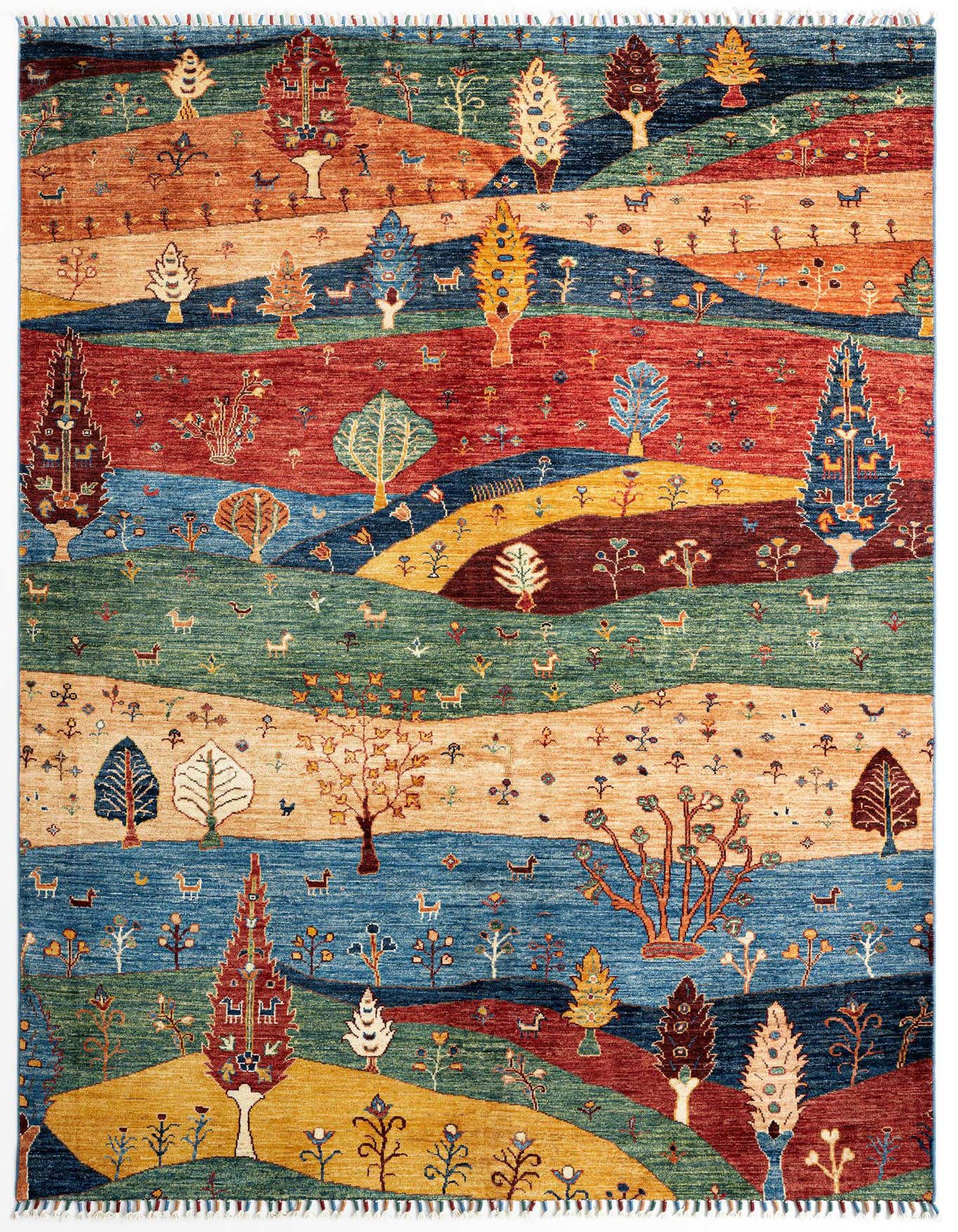 A 5x8 rectangular Rubin Persian wool rug featuring a vibrant landscape design with trees, animals, and rolling hills in shades of green, blue, red, and gold.