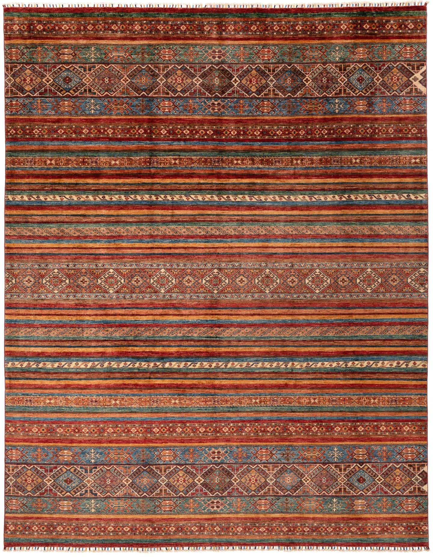 A rectangular 8x11 Rubin Persian wool rug featuring vibrant stripes and intricate geometric patterns in greens, reds, blues, and oranges.