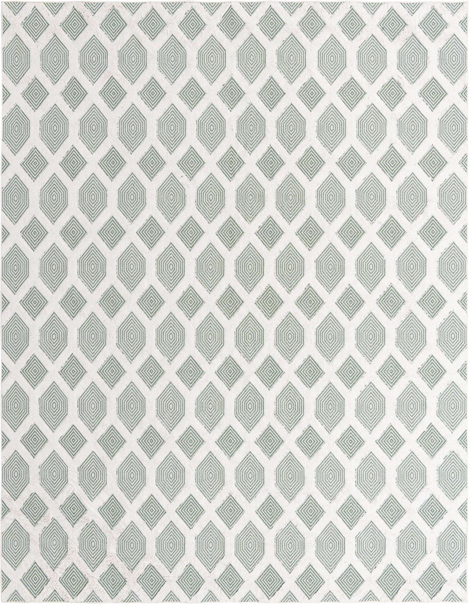 A 9x12 rectangular green and white modern flatweave rug with a repeating geometric diamond pattern.