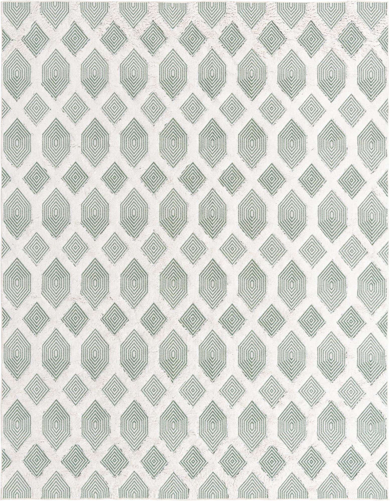 8x10 rectangular Rugs.com Sabrina Soto Casa rug featuring a modern abstract geometric pattern in varying shades of green on a light background.