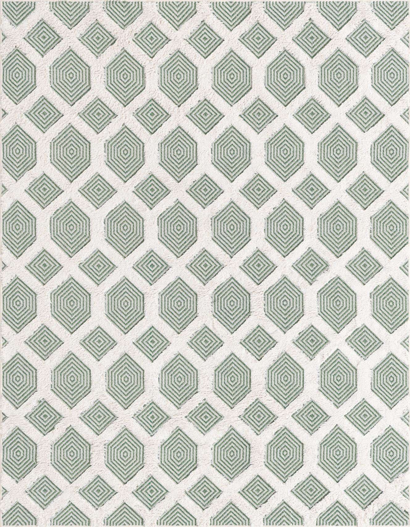 A 5x8 rectangular green and white modern rug with a textured abstract geometric pattern, ideal for a living room.