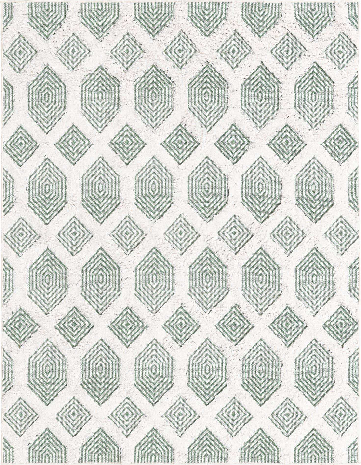 A 4x6 rectangular green and white modern rug with a textured abstract geometric pattern, ideal for a living room or office.