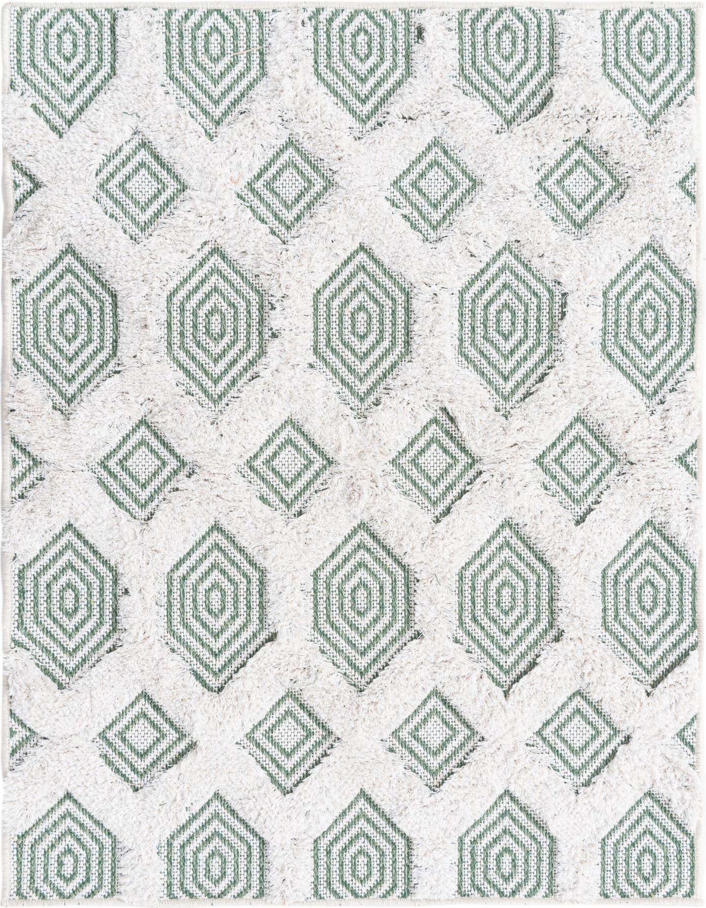 A 2x3 rectangular Rugs.com Sabrina Soto Casa rug featuring a modern abstract pattern of green concentric diamonds on a textured white background.
