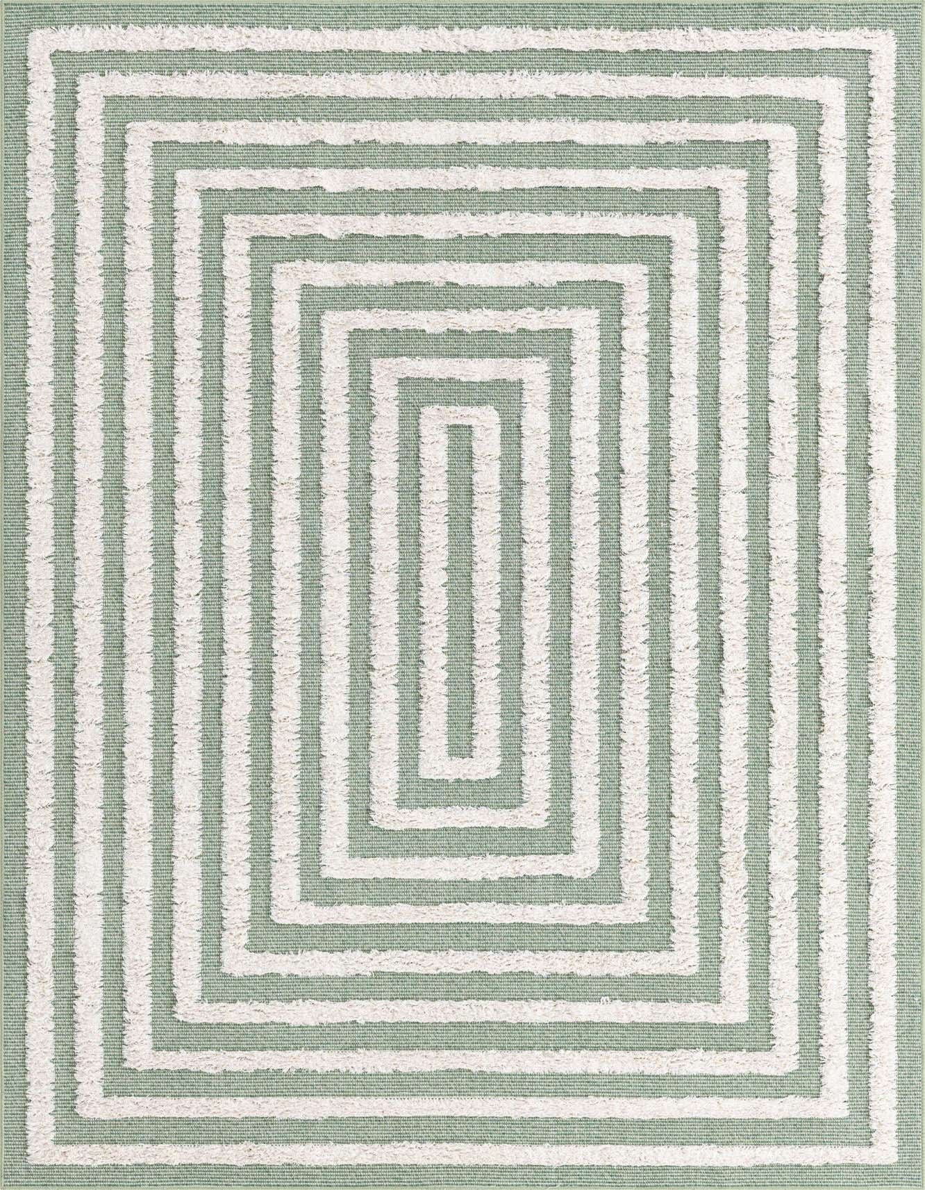 A 4x6 rectangular green and white modern rug featuring a textured stripe pattern of concentric rectangles.
